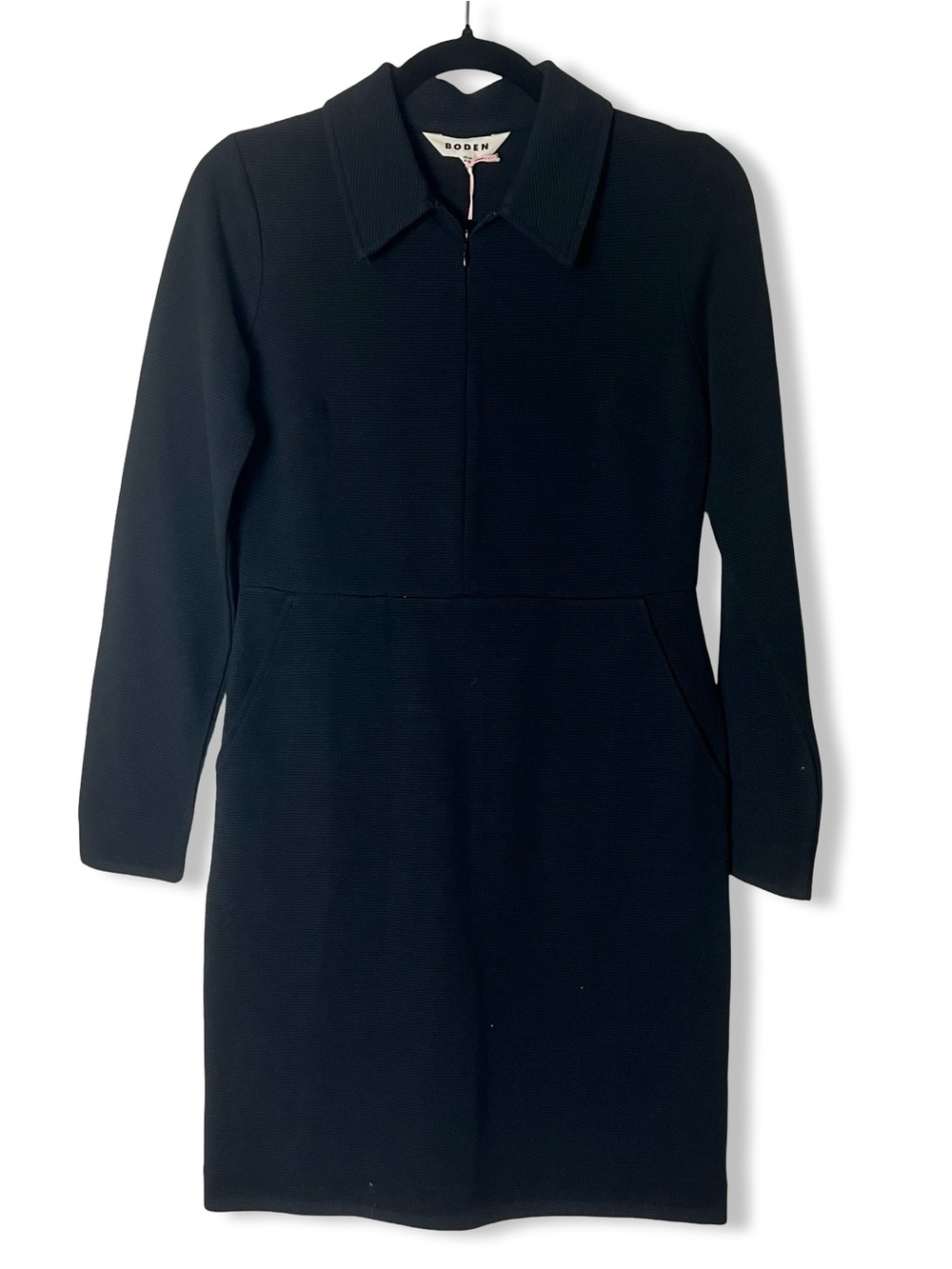 Boden NWT Black Ottoman Midi Dress Half-Zip Collared Long Sleeve Pockets Sz. 0